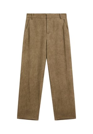 Brown linen trousers with a relaxed fit, featuring two side pockets and a smooth texture, designed with a high waist and wide legs.