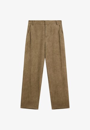 Bruine linnen broek met een ontspannen pasvorm, voorzien van twee zijzakken en een gladde textuur, ontworpen met een hoge taille en wijde pijpen.