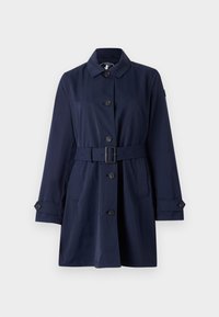 Marineblå trenchcoat med krage, knaplukning, bælte i taljen og sidelommer. Stoffet er glat med en struktureret design.
