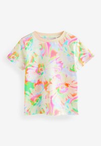 Kurzarm-T-Shirt aus leichtem Stoff mit einem mehrfarbigen Blumenmuster in Rosa-, Grün- und Gelbtönen. Schlichter Pfirsich-Ausschnitt.