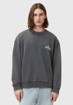 Gray oversized sweatshirt with ribbed collar and cuffs. Features embroidered "AllSaints" logo. Made from soft, textured cotton blend fabric.
