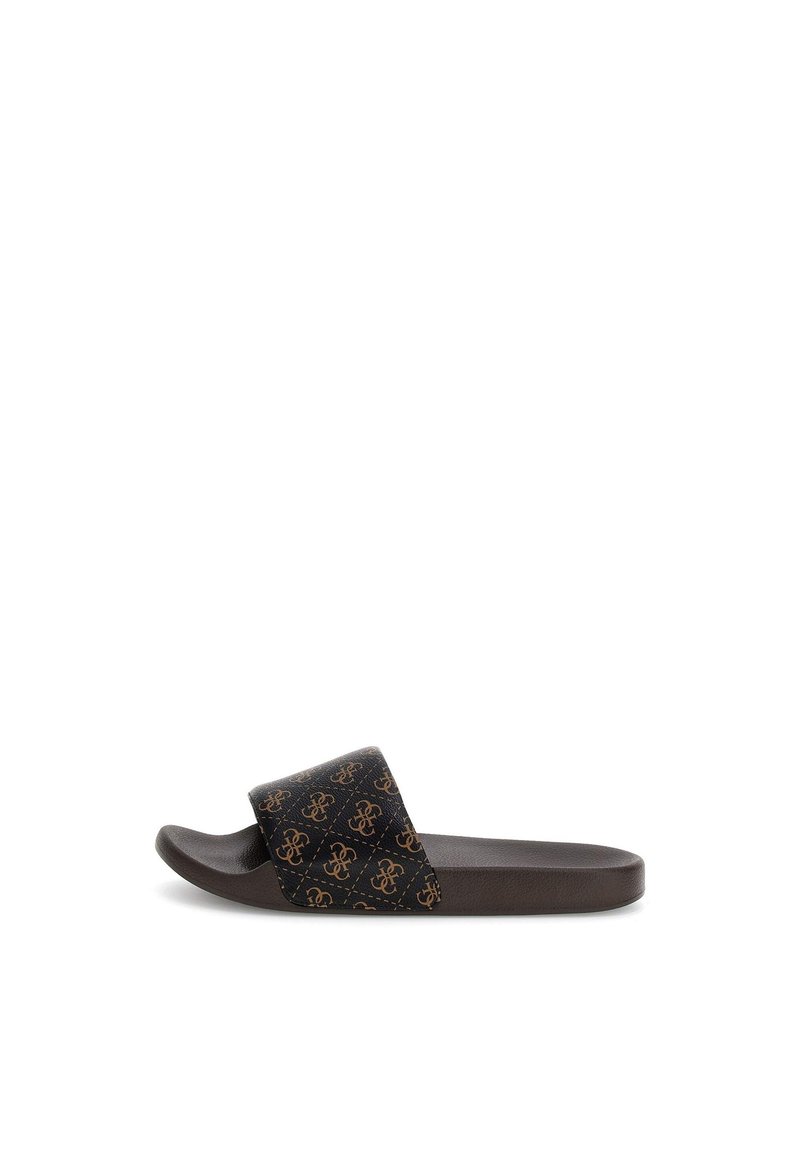 Sort glidesandal med en tekstureret rem med et guldlogo mønster. Gummisål i brun med riller for greb og komfort.
