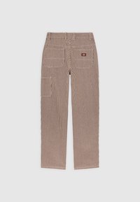 Pantalon à rayures verticales marron et blanc avec poches plaquées arrière et une poche latérale pour outils, présenté de dos sur un fond uni.