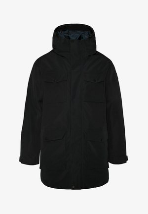 Zwarte parka-jack met een capuchon, meerdere voorzakken, drukknoopsluitingen en een gladde, waterdichte stofafwerking. Gevoerd interieur.