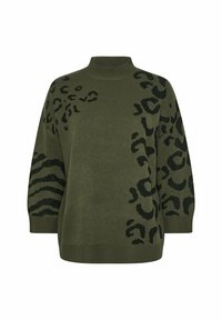 Oliwkowy dzianinowy sweter z wysokim kołnierzem, z czarnym wzorem lamparta i zebry na rękawach i korpusie, luźny krój z prążkowanymi mankietami.