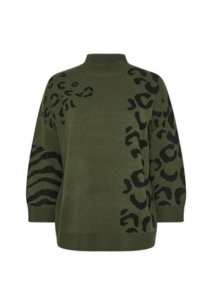 Olijfgroen gebreid trui met een hoge kraag, voorzien van zwarte luipaard- en zebra-prints op de mouwen en het lichaam, losse pasvorm met geribde manchet.