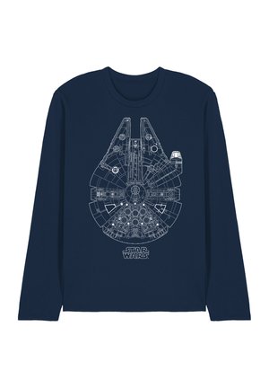 Marineblaues Langarmshirt mit einem detaillierten weißen Grafikdruck des Millennium Falcons, einschließlich Cockpit- und Motordesign-Elementen.