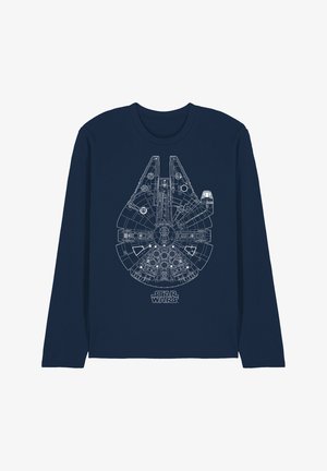 Navy long-sleeve shirt featuring a detailed white graphic of the Millennium Falcon, including cockpit and engine design elements.