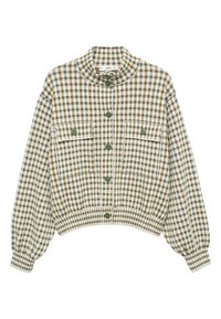 Tkany krótki żakiet w zielono-białą kratę houndstooth, z zapięciem na guziki z przodu, dwiema kieszeniami na klatce piersiowej oraz kołnierzykiem stójkowym.