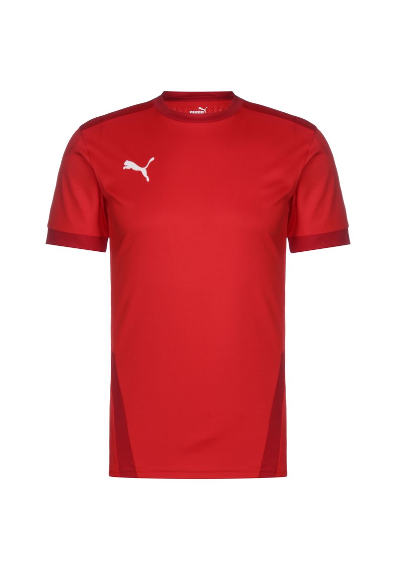 Czerwona sportowa koszulka Puma z krótkimi rękawami, okrągłym dekoltem i białym logo na lewej piersi; gładka faktura, lekki materiał.