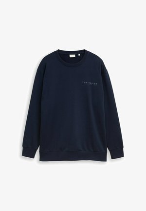 Donkerblauwe sweatshirt met lange mouwen, ronde hals, geribbelde manchetten en zoom, en een klein "Tom Tailor"-logo op de linkerborst.