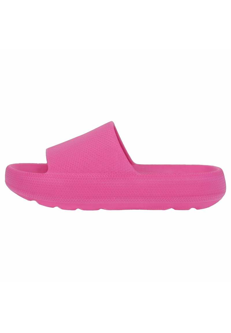 Rosa Slipper-Sandalette mit strukturiertem Obermaterial, dicker Sohle und abgerundeten Kanten, hergestellt aus leichtem Material für Komfort.