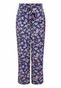 Spodnie w kwiatowy wzór w ciemnoniebieskim kolorze, z różowymi, białymi i zielonymi kwiatami. Lekki materiał z wiązanym paskiem w talii. Prosty krój nogawki.