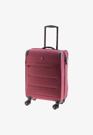 Weicher, bordeauxroter Koffer mit ausziehbarem Griff, vier drehbaren Rollen, äußerer Reißverschlusstasche und Eckenschutz.