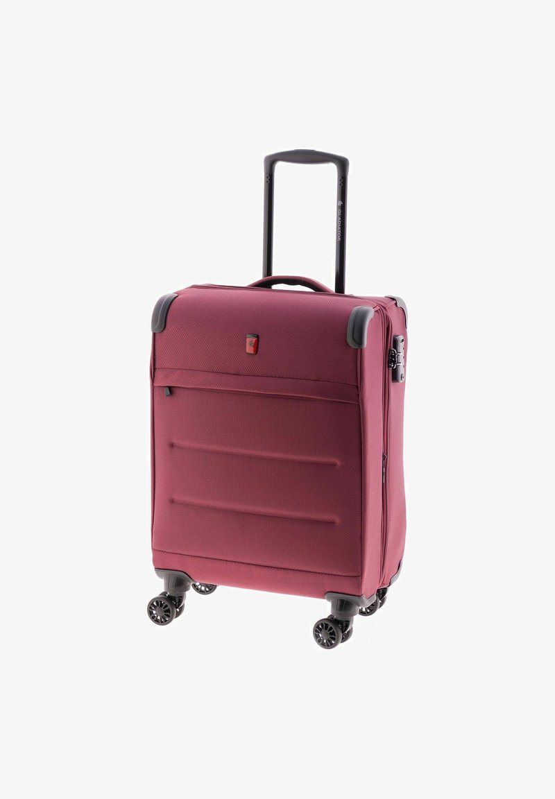 Valigia bordeaux morbida con manico telescopico, quattro ruote girevoli, tasca esterna con zip e protezioni angolari.