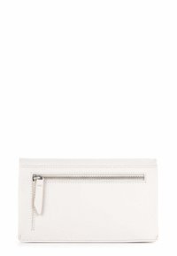 White leather wallet with a smooth texture, rectangular shape, front zip pocket, and subtle stitching details.