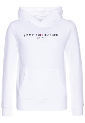 Biała bluza z kapturem z kieszenią kangurka z przodu, z haftowanym na piersi napisem "Tommy Hilfiger EST. 1985" i logo.