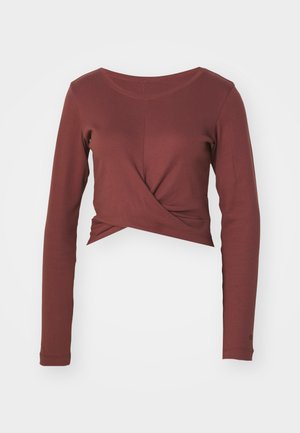 Top cropped de manga longa em bordeaux, com decote arredondado e detalhe torcido na frente. Feito de um tecido suave e elástico com uma textura lisa.