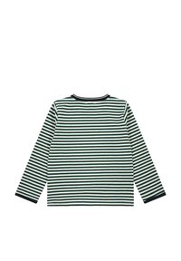 Striped long-sleeve shirt in green and white, featuring a crew neck and black trim. Soft fabric with evenly spaced horizontal stripes.