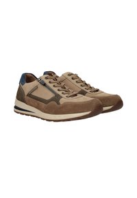 Braune Wildleder-Sneaker mit Mesh-Akzenten und blauer Fersenschlaufe. Mit Schnürsenkeln und seitlichem Reißverschluss ausgestattet, bieten sie Komfort durch eine strukturierte Sohle.