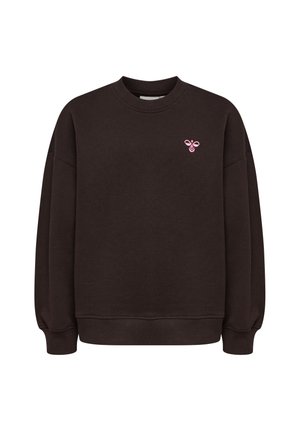 Donkerbruine lange mouwen sweater met een ronde hals, geribbelde manchetten en zoom, met een klein roze bijenlogo op de linkerborst.