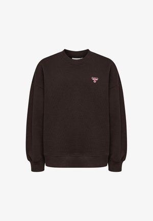 Mørkebrun langærmet crewneck-sweatshirt med ribkant ved ærmer og kant, med et lille lyserødt bi-logo på venstre bryst.