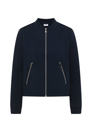 Dunkelblaue Jacke mit Reißverschluss, hohem Kragen, zwei diagonalen Reißverschlusstaschen, langen Ärmeln und geradem Saum.