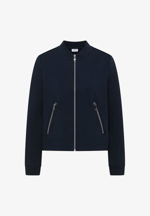 Veste zippée bleu marine foncé avec col montant, deux poches diagonales zippées, manches longues et ourlet droit.