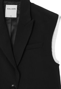 Schwarze ärmellose Blazerjacke mit Reverskragen, Fronttasche und glatter Satinfutter. Etikett mit "CALLIOPE", Größe "S", mit einem glänzenden Knopf.