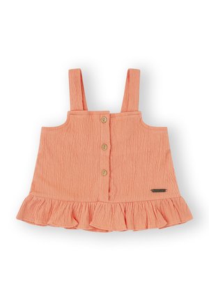 Top sin mangas texturizado color durazno con dobladillo con volantes, cierre frontal con botones y pequeño detalle de logo metálico en el costado.