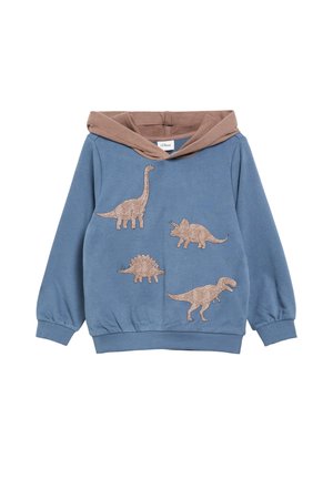 Blauer Kinder-Hoodie mit brauner Kapuze und vier braunen Dinosaurier-Abbildungen auf der Vorderseite.