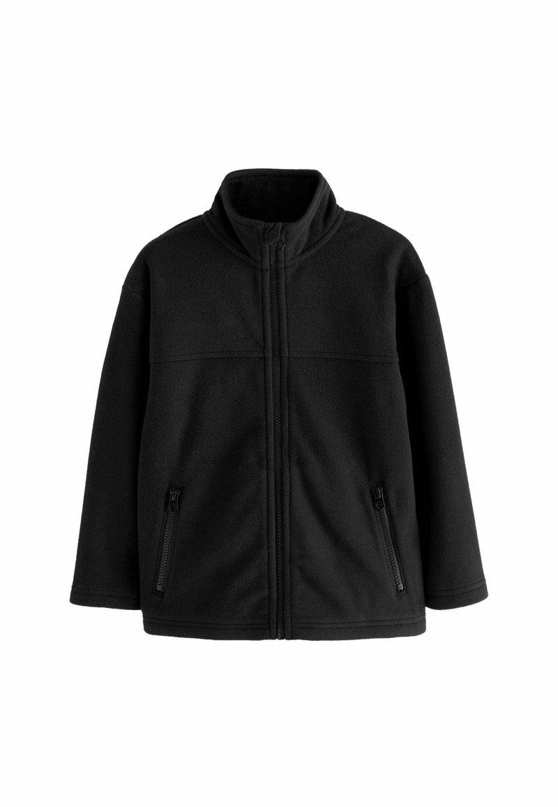 Schwarze Fleece-Jacke mit Reißverschluss, hohem Kragen, langen Ärmeln und zwei Reißverschluss-Taschen auf der Vorderseite. Weicher, strukturierter Stoff.