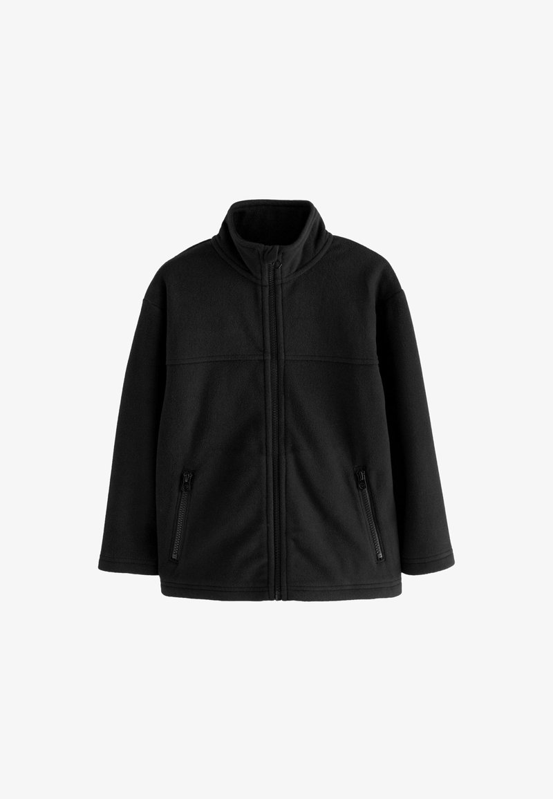 Zwarte fleece zip-up jas met een hoge kraag, lange mouwen en twee met rits afgesloten zakken aan de voorkant. Zacht, gestructureerd materiaal.