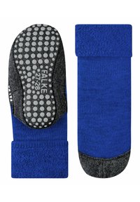 Calze blu con tessuto zigrinato, suola antiscivolo grigio scuro con grip puntinato e bordi a coste per una vestibilità sicura.