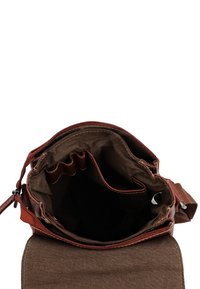 Brown leather messenger bag open to show multiple inner compartments and slots with a brown fabric lining.