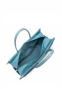 Blaue Handtasche mit strukturiertem Außenmaterial, doppelten Griffen und mehreren Reißverschlussfächern. Das Innere ist mit einem glatten Stoff ausgekleidet.