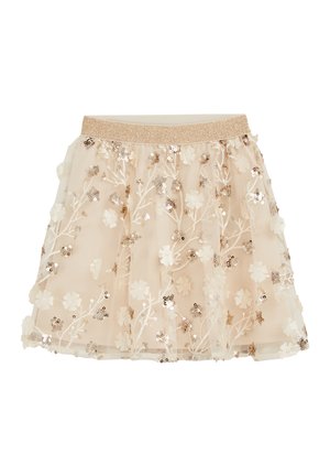 Gonna in tulle beige con una cintura elastica dorata brillante, decorata con ricami floreali bianchi e paillettes per un ulteriore tocco di brillantezza.