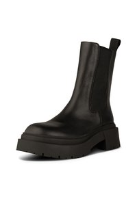 Svart läderankelboot med en kraftig sula, elastiska sidopaneler och dragflik. Har en slät yta och rundad tådesign.