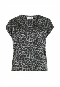 Short-sleeve top featuring a black and gray leopard print design. Made of lightweight fabric with a relaxed fit and round neckline.