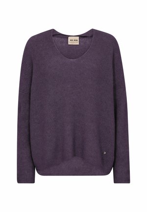 Lila langärmliger Strickpullover mit rundem Ausschnitt und leicht breiterem Saum, vor weißem Hintergrund gezeigt.