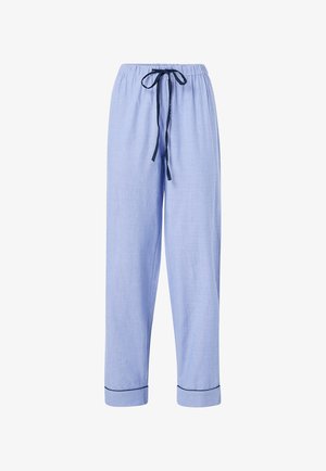 Lichtblauwe pyjamabroek van zacht materiaal, met een tailleband met trekkoord en opgerolde boorden met marineblauw accent.