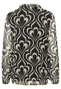 Blouse à manches longues noire et blanche avec un motif floral, fabriquée en tissu léger, dotée d'un col froncé et de poignets élastiqués.