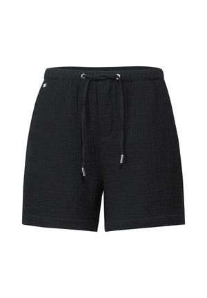 Shorts noirs en tissu texturé, avec une taille élastique, un cordon de serrage et des poches latérales. Design simple avec une coupe décontractée.