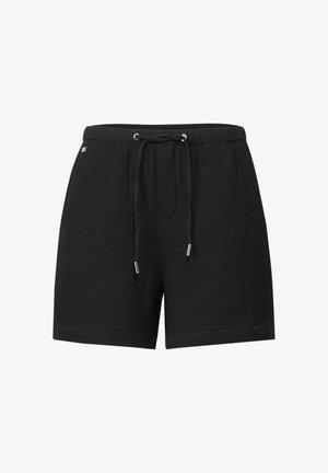 Pantaloni corti neri in tessuto testurizzato, con vita elastica, coulisse e tasche laterali. Design semplice con vestibilità rilassata.