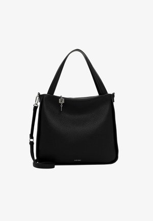 Borsa in pelle nera con superficie texturizzata, manici superiori, tracolla rimovibile e un accento metallico sulla cerniera.
