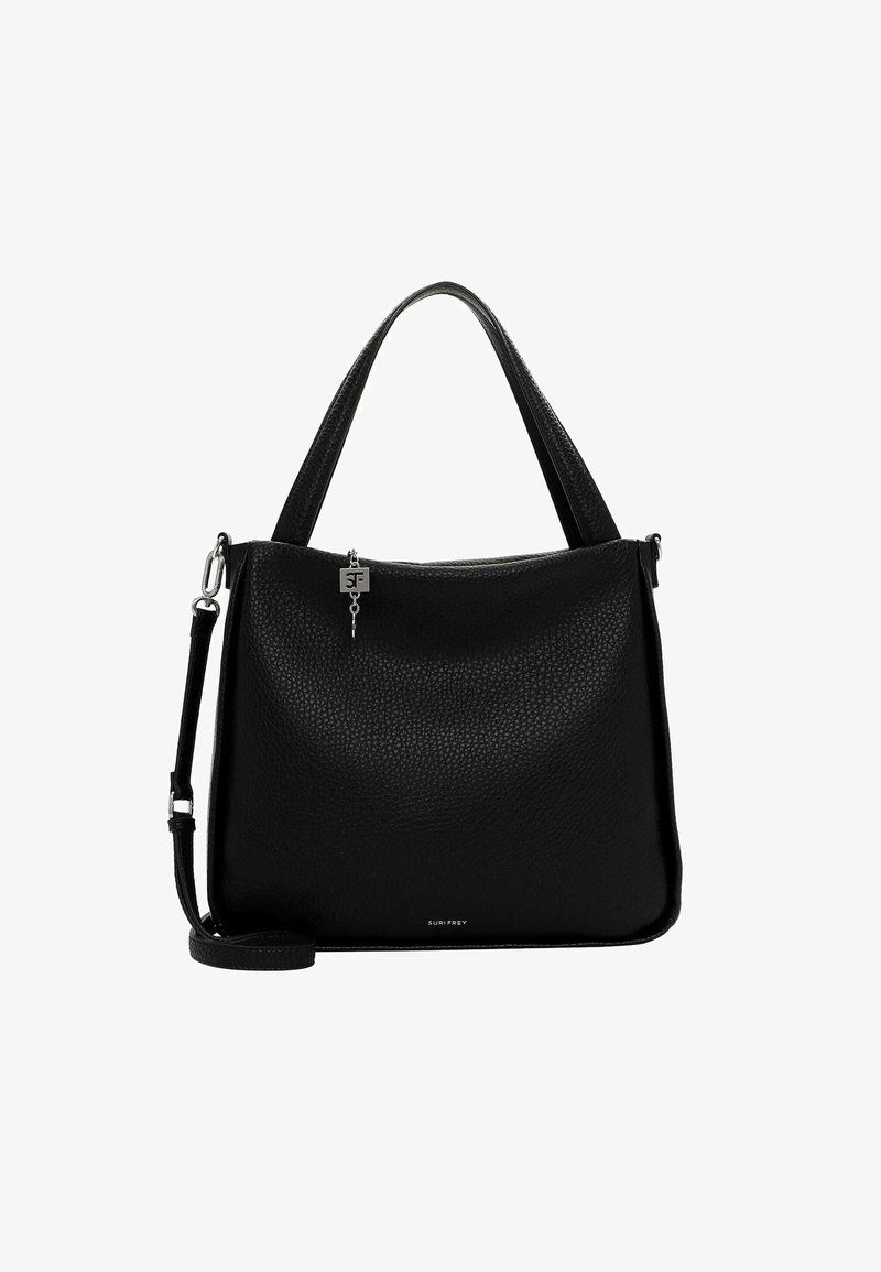 Černá kožená kabelka s texturovaným povrchem, vrchními uchy, odnímatelným ramenním popruhem a kovovým akcentem na zipu.