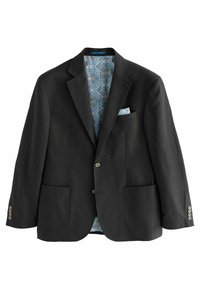 Schwarzer Blazer aus Leinen mit einem blauen gemusterten Innenfutter. Verfügt über zwei Vorderaschen, ein Einstecktuch und goldene Knöpfe.
