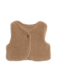 Gilet in pile marrone con una texture morbida, scollatura rotonda e chiusura singola con bottone. Design senza maniche, materiale morbido e caldo.