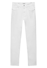 Witte skinny jeans van denim; voorzien van een ritssluiting, knoopsluiting en een vijfzakkenontwerp. Gladde textuur met minimale zichtbare stiksels.