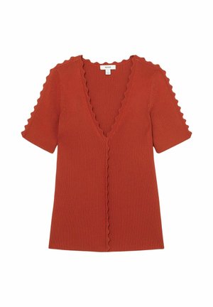 Roostevärvi soonikkoes lühikeste varrukatega särk, millel on säbruline V-kaelus ning säbrulised servad varrukatel ja ees oleva lõike servadel.